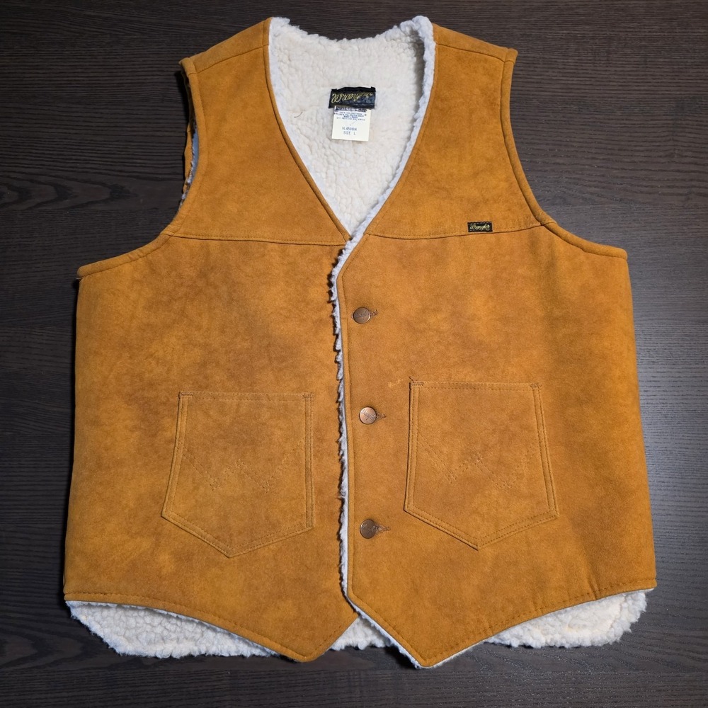 Wrangler Men's Sherpa Lined Faux Suede Vest Tan Brown Large Workwear Vintage